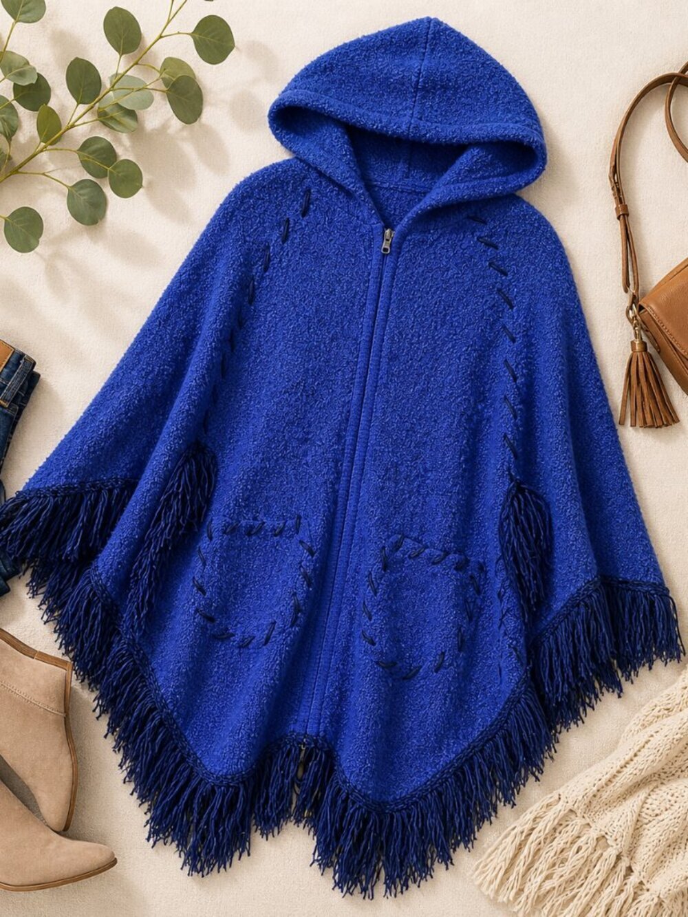 Blue Fringe Hooded Poncho Cardigan Boho Cozy Sweater One Size
